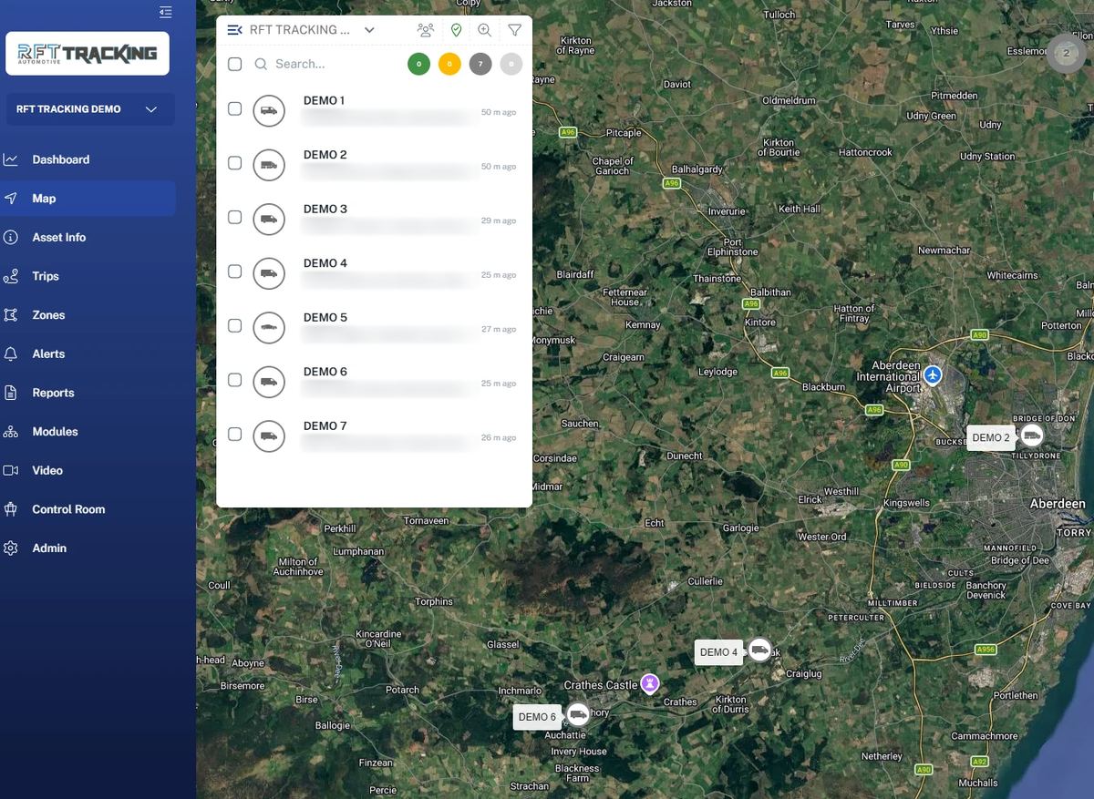 RFT Tracking fleet platform showing a demo fleet on a live map of Aberdeenshire